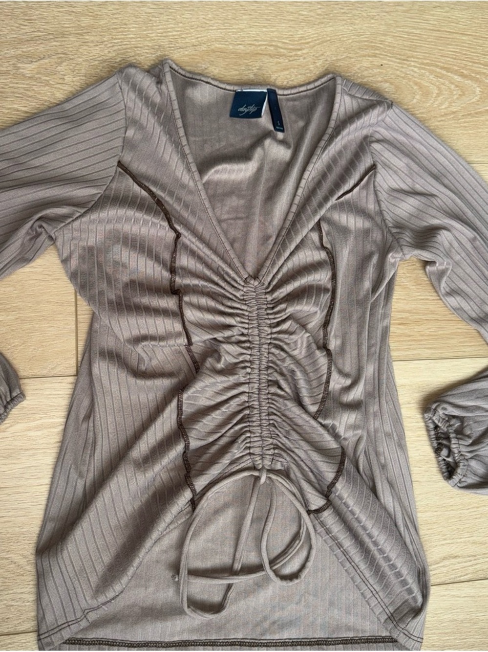 Daytrip Taupe Ribbed Ruched V-Neck Long Sleeve Top
